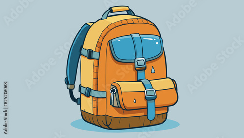 A waterproof backpack made of durable material that is able to withstand harsh weather conditions and protect the contents inside. Multiple. Cartoon Vector.