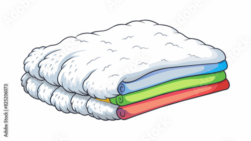 A white fluffy material with colorful patterns sewn onto it folded into a neat square shape. The object is soft to the touch and gives off a pleasant. Cartoon Vector.