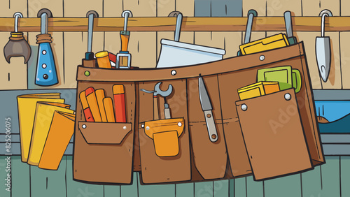 A wellworn battered tool belt hanging on a peg in a cluttered workshop. The belt is filled with handwritten notes worn out pockets and scuff marks. Cartoon Vector.
