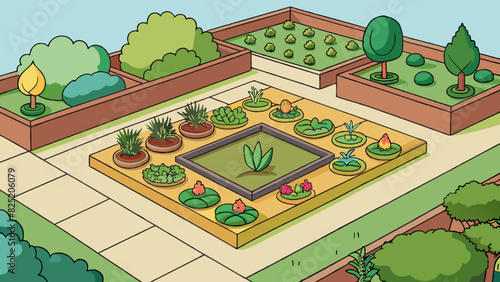 A wellplanned garden An effective garden has a thoughtful and intentional design with each plant and feature carefully chosen and strategically p. It. Cartoon Vector. photo