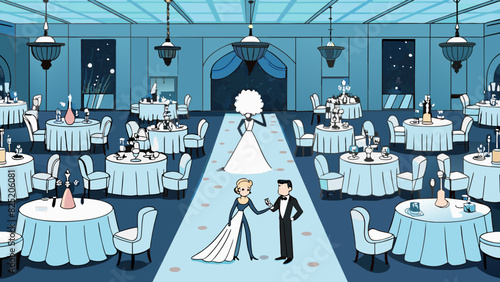 A wedding reception Inside a grand ballroom elegant white clothed tables are tered across the floor each adorned with crystal vases filled with. Cartoon Vector.