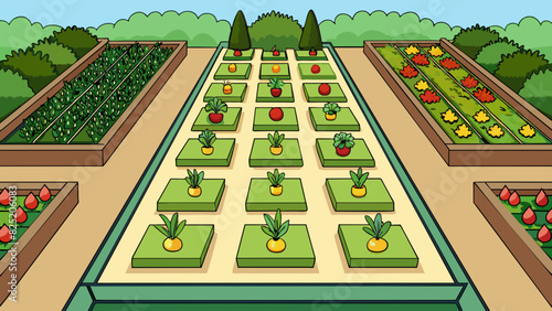 A wellplanned garden with rows of vegetables and flowers in perfect symmetry demonstrating the careful order and layout of the plants.. Cartoon Vector.