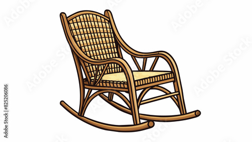 A wicker rocking chair with a curved backrest and armrests. The seat and back are made of woven wicker material giving it a rustic and natural look.. Cartoon Vector.