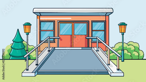 A wheelchair ramp at the entrance of a building enabling easy access for individuals with mobility impairments.. Cartoon Vector.