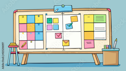 A whiteboard hung on the wall covered in colorful sticky notes and brainstorming ideas. The markers and erasers were neatly arranged on a nearby tray. Cartoon Vector.