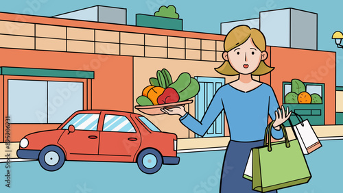 A woman walks out of the grocery store with an armful of groceries only to realize she forgot to bring her reusable bags and now must awkwardly juggle. Cartoon Vector.