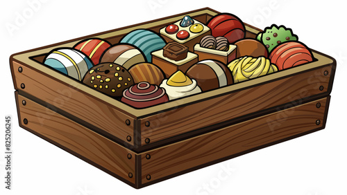 A wooden box filled with assorted chocolates each one carefully p and bursting with rich flavors and decadent fillings.. Cartoon Vector.