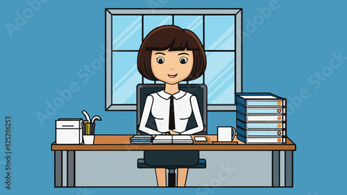 A woman with a short bob hair wearing a crisp white blouse and black pencil skirt. Shes sitting at a modern glass desk with a sleek black phone and a. Cartoon Vector.