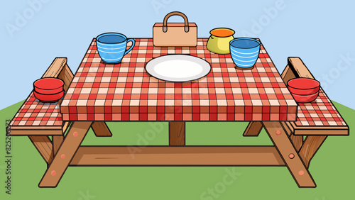 A wooden picnic table with a checkered tablecloth dd over it set with a wicker basket plates and utensils for a countryside meal.. Cartoon Vector.