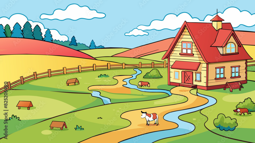 Beyond the rolling hills and winding rivers far into the countryside sits a quaint farmhouse. Faded red paint peels off the wooden exterior and the. Cartoon Vector.