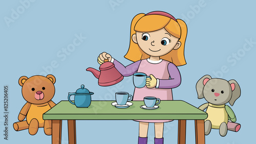 A young girl sits by a small table pouring tea for her stuffed animal friends. She holds a plastic teapot and cups pretending to fill them with. Cartoon Vector.