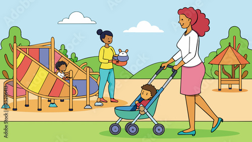 A young mother pushing a stroller through the park carrying a colorful diaper bag over her shoulder. She has a nurturing aura constantly checking on. Cartoon Vector.