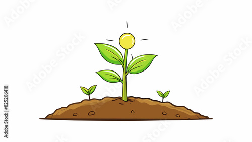 A young plant emerging from the soil pushing its delicate green shoots upward towards the sun. The soil is rich and brown with small pebbles tered. Cartoon Vector.