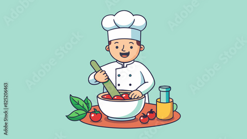 Before bottling their famous sauce the chef carefully prepares the ingredients by hand grinding them to a fine paste in a mortar and pestle. The. Cartoon Vector.