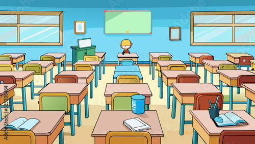 Before the start of the school day the classroom was silent and empty. The desks were arranged in neat rows with textbooks and notebooks waiting to be. Cartoon Vector.
