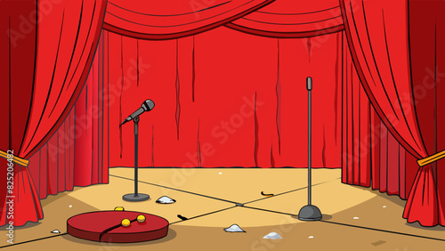 Behind the red curtain there was a small stage with tattered red velvet curtains hanging on either side. The stage was littered with discarded props. Cartoon Vector.