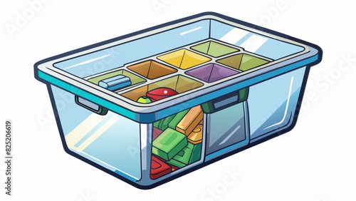 Clearly is a transparent plastic storage bin with a stackable design and a snapon lid. It has various compartments and is great for organizing small. Cartoon Vector.