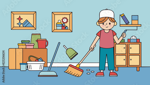 Cleaning a Room Sweep the floor of a cluttered room picking up and grouping objects of similar use e.g. toys clothes books and placing them in their. Cartoon Vector.