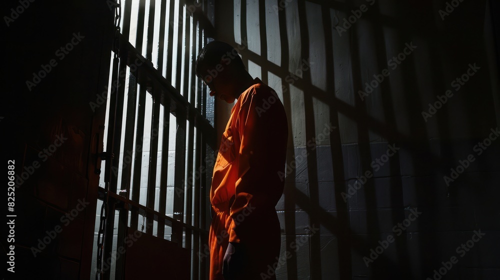 Silhouette of a man bowing his head in regret in a dark prison. Languishing in prison in a gloomy atmosphere. Silhouette of a man bowing his head in regret in a dark prison. Languishing in prison in a gloomy atmosphere.