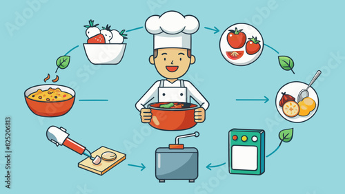 Developing a simple recipe into a delicious meal by following precise instructions and adding flavors to taste. The recipe starts as a list of. Cartoon Vector.