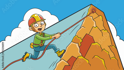 Despite the daunting height and slippery surface the fearless rock climber continued scaling the treacherous mountain determined to reach the summit.. Cartoon Vector.