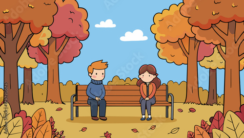 Discreet Meetings A secluded park bench surrounded by tall trees where two lovers meet in secret to steal moments of affection. The crisp autumn. Cartoon Vector.