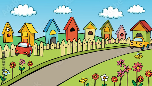Driving through the county youll notice quaint wooden fences lining the roadside with small colorful birdhouses perched atop the posts and a variety. Cartoon Vector.