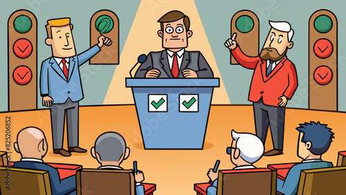 During a heated debate members of parliament stand and gesture passionately while others take turns speaking into a central microphone. A large. Cartoon Vector.