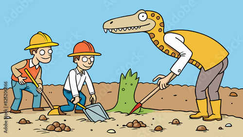 During an excavation archaeologists uncover a fossil of an entirely new species of dinosaur. With its long slender neck and sharp pointed teeth it is. Cartoon Vector.