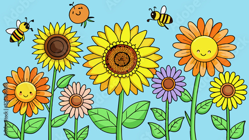 During the summer days the fields were alive with vibrant colors and buzzing with activity. Sunflowers stretched their tall stems towards the bright. Cartoon Vector.