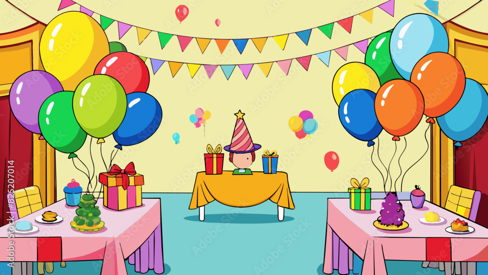 Follow the trail of colorful balloons to a bright and cheerful birthday party. The tables are covered in bright tablecloths and streamers and a large. Cartoon Vector. Follow the trail of colorful balloons to a bright and cheerful birthday party. The tables are covered in bright tablecloths and streamers and a large. Cartoon Vector.