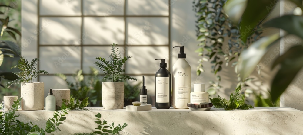 Eco-Friendly Hair Care Product Mockup for Spa Setting with Green Plants - Design for Print, Card, Poster Eco-Friendly Hair Care Product Mockup for Spa Setting with Green Plants - Design for Print, Card, Poster
