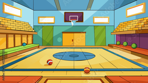 Gymnasium A large hall with wooden floors and basketball hoops at either end. Colorful mats line one wall for students to use during gymnastics or. Cartoon Vector.
