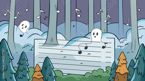 Haunting notes lingering in the air like a thick fog surrounding a mysterious forest.. Cartoon Vector.