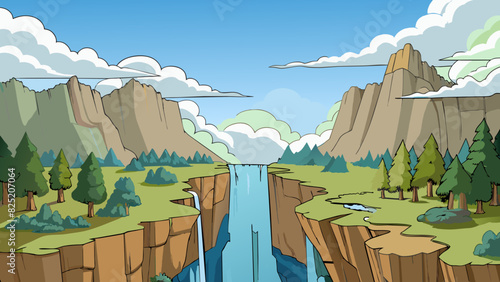 High in the mountains far above the treeline a majestic waterfall cascades down the rocky cliffs. The mist from the powerful cascades can be seen from. Cartoon Vector.