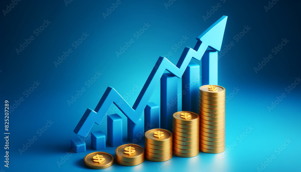 3D illustration of a rising bar graph with stacked gold coins and a ...