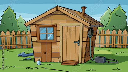 In a backyard there is a small wooden shed with chipped paint and a rusted lock on the door. The shed has a window with a cracked pane and a small. Cartoon Vector.