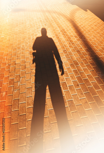 Man's shadow on street pavement tiles background