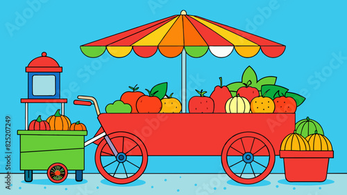 In a bustling city street a street vendors cart is filled with an array of fresh fruits and vegetables. The cart is bright red and adorned with. Cartoon Vector.