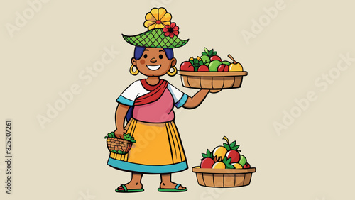 In a bustling marketplace a lady balances a woven basket of vibrant fruits and vegetables on her head her colorful skirt swishing around her ankles as. Cartoon Vector.
