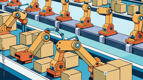 In a busy factory rows of robotic arms move in a synchronized dance assembling and packaging products with incredible speed and efficiency. The. Cartoon Vector.