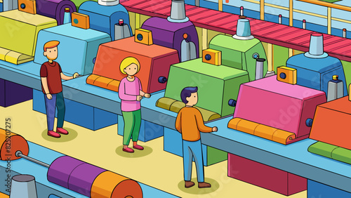 In a bustling textile factory colorful bolts of fabric are being fed into large sewing machines by skilled operators. The fabric ranges in texture. Cartoon Vector.