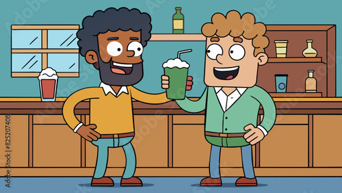 In a lively bar two friends are standing at the counter drinks in hand. They lean towards each other their faces close as they talk loudly over the. Cartoon Vector.