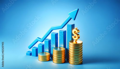 3D illustration of a rising bar graph with stacked gold coins and a blue arrow showing growth. Concept of financial growth  investment  and economic success. Isolated on a blue background.