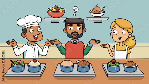 In a restaurant a group of friends are trying to decide which dish to order. One dish is described as y with bold flavors and a rich color while the. Cartoon Vector.
