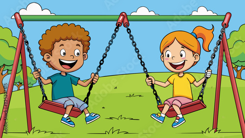 In a playground a boy and a girl are taking turns pushing each other on a swing set. The swings have long sy chains and brightly colored seats. The. Cartoon Vector.