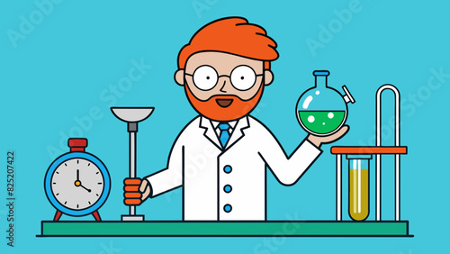 In a science lab a scientist is using a stopwatch to measure the time it takes for a chemical reaction to occur. After one second a color change is. Cartoon Vector.