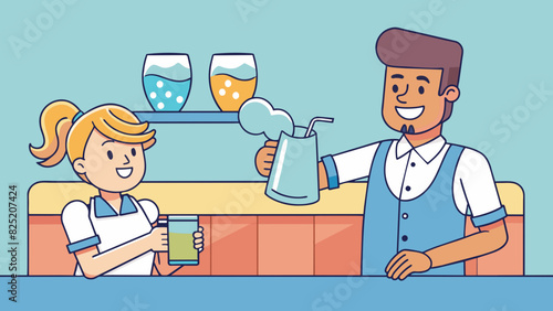 In a restaurant serve is often associated with a server refilling a customers drink. The server grabs a pitcher of ice cold water and maneuvers. Cartoon Vector.