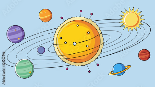 In a solar system diagram the sun stands at the centre its yellow glow radiating heat and light to the planets orbiting around it. The suns vast size. Cartoon Vector.