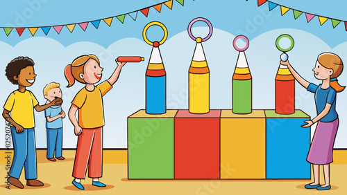Including a game in a carnival Squeals of delight can be heard as children line up to take turns tossing colorful rings onto the tall slender bottles. Cartoon Vector.